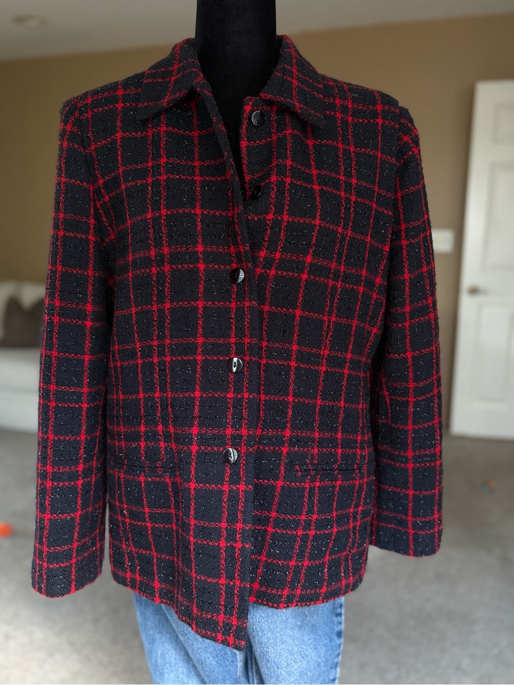 Vintage Sag Harbor Black & Red Plaid Women's Button-Front Jacket Size 16